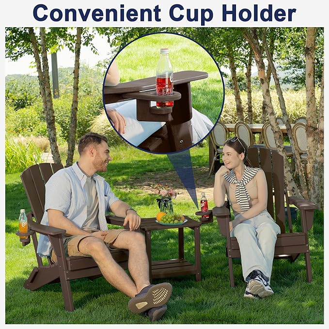 Folding Adirondack Chair Set of 4, Cup Holder，Wooden Textured ，Heavy All-Weather HDPE Comfortable Set Poolside Backyard Lawn Coffee