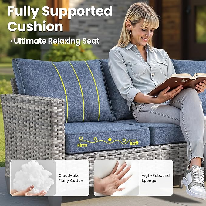 ovios 6 Pieces Patio Furniture Set with 54" Fire Pit Table, Outdoor Wicker Sofa with Comfy Cushions, All Weather High Back Rattan Couch Conversation Set, Denim Blue