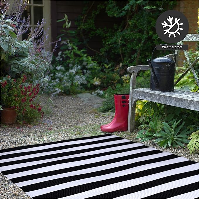 FH Home Outdoor Camping Rug - Waterproof, Fade Resistant, Reversible - Premium Recycled Plastic - Striped - Picnic, Patio, Deck, Sunroom, RV - Brittany Stripe - Black & White - 4 x 6 ft Foldable