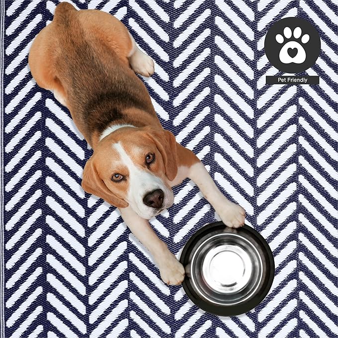 FH Home Outdoor Rug - Waterproof, Fade Resistant, Reversible - Premium Recycled Plastic - Herringbone - Large Patio, Deck, Sunroom, Camping, RV - Fresno - Navy Crease Free - 6 x 9 ft