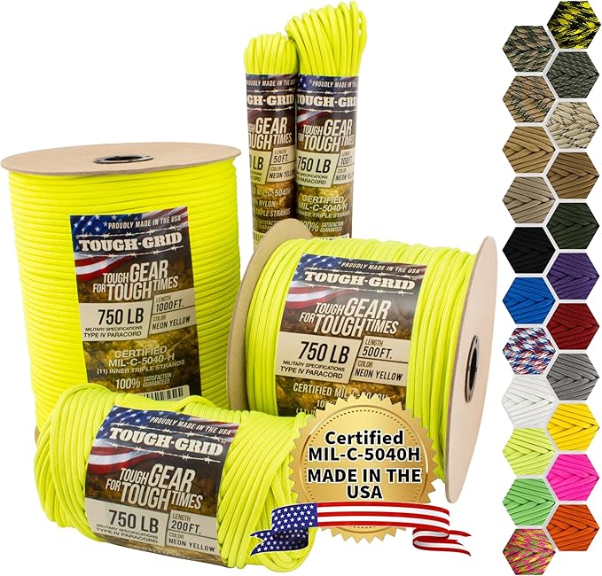 TOUGH-GRID Paracord Rope 750 lbs Nylon Parachute Cord, Made in USA Survival Kit, Outdoor Adventures, Camping, Tactical Gear & Emergency Supplies, Military Type IV Mil-Spec