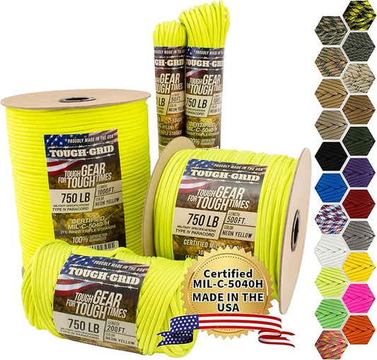 TOUGH-GRID Paracord Rope 750 lbs Nylon Parachute Cord, Made in USA Survival Kit, Outdoor Adventures, Camping, Tactical Gear & Emergency Supplies, Military Type IV Mil-Spec