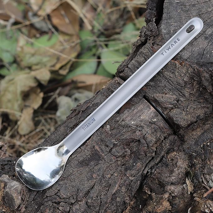 Lot of 2 Titanium Long Handle Spoon & Spork (2 in 1 spoon & fork) Outdoor Ultralight Portable Stirring/Mixing Cookware Polished bowl Flatware for Kitchen Camping Hiking Traveling w. Storage bag