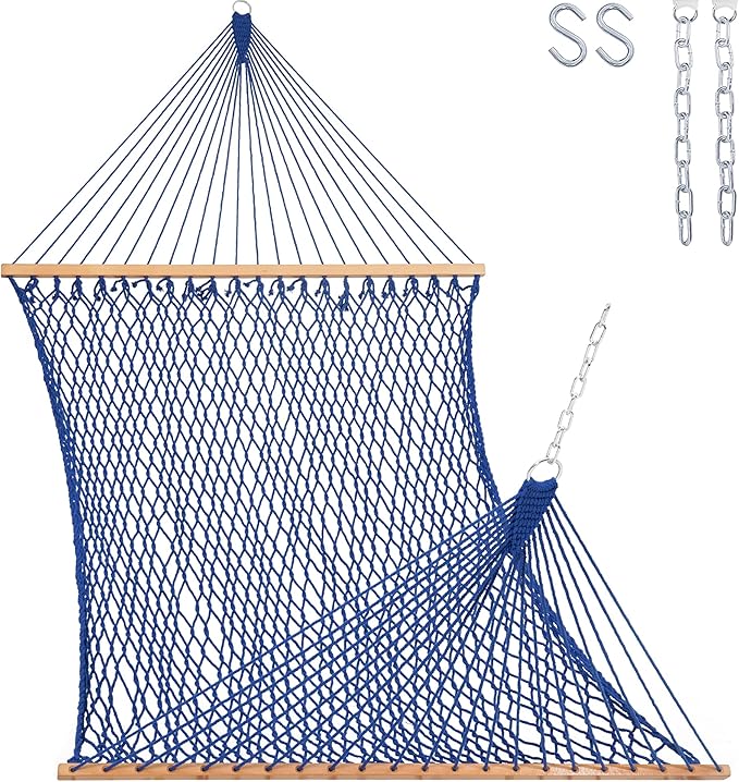 Lazy Daze Hammocks 12FT Double Rope Hammocks, 2 Person Hand Woven Cotton Hammock with Spreader Bar for Outdoor, Indoor, Patio, Poolside, FIT 13-15 Foot Stand, Max 450 Lbs, Blue, 141 x 57 inches