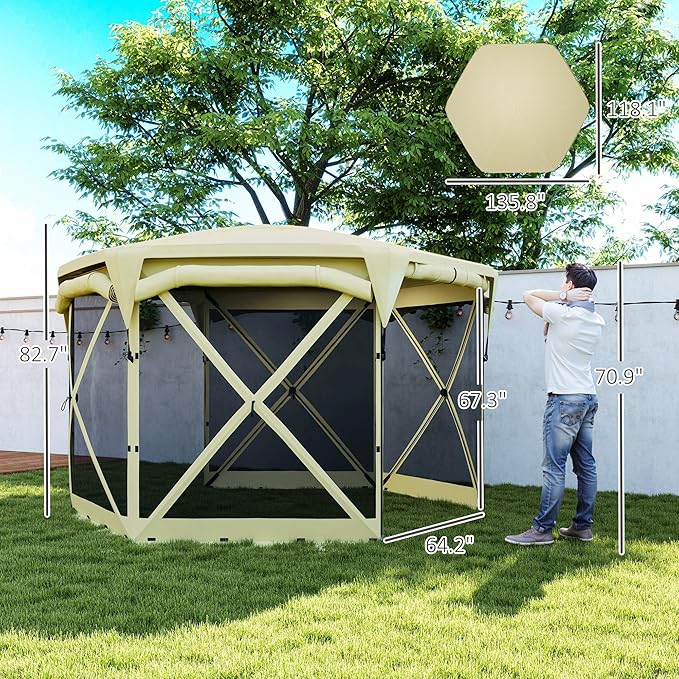 Outsunny Pop Up Gazebo Screen Tent House, 11 x 11ft with UPF30+ Removable Roof Cover, 4 Roll-up Wind Panels and Carry Bag for Camping, Patio, Backyard, Lawn, Beige