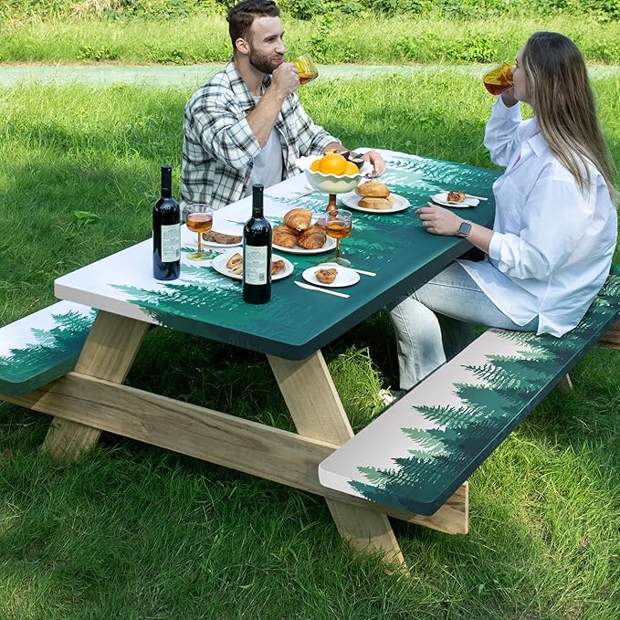 72 X 30 Inch Elastic Fitted Camping Table Cover with Bench Covers & Storage Bag, Picnic Tablecloth, Fits 6ft Picnic Tables,Washable & Reusable, Spill Resistant, Waterproof - Green Pines