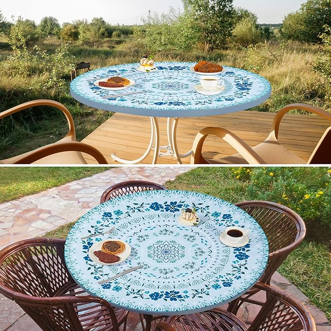Round Tablecloth Fitted Elastic Table Cover Waterproof Table Cloth for Dinner, Party, Picnic,Camping, Round Table Cover for Indoor Outdoor