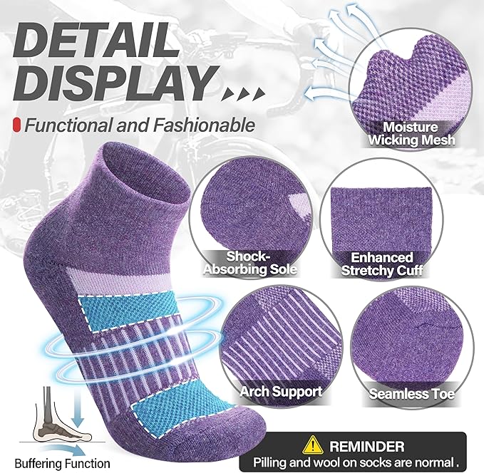 6 Pairs Merino Wool Ankle Running Hiking Socks Compression Support Breathable Thick Cushion No Show Socks for Women Men