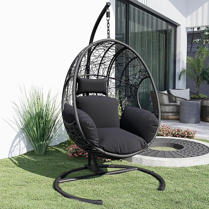 Hanging Egg Chair with Stand - Egg Swing Chair Outdoor Indoor Patio Wicker Chair Swing Hammock Egg Chairs 400lbs Capacity for Outside Patio, Bedroom, Garden and Balcony (Grey-Nest, 1PC)
