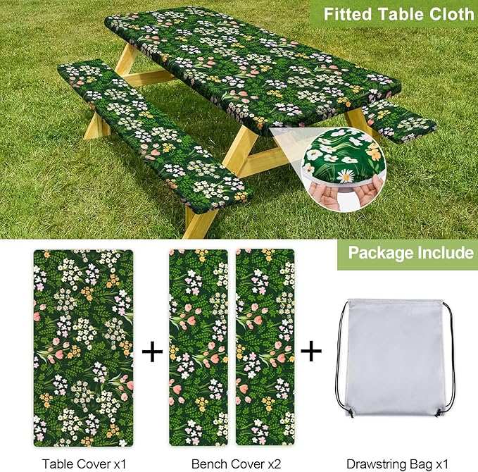 Picnic Table Cover with Bench Covers Camping Essentials Waterproof Windproof Camping Tablecloth with Drawstring Bag, Fitted Rectangle Tables and Seats, 72in, Green Pink