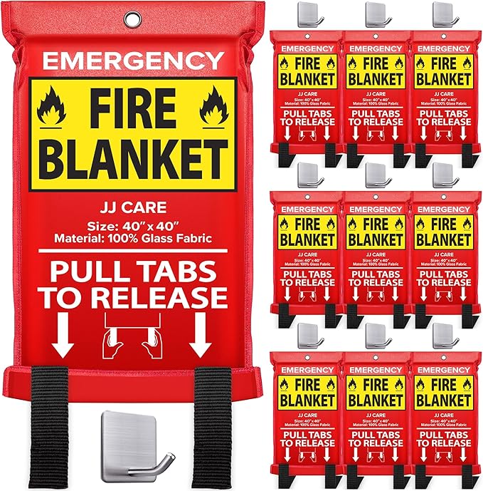 JJ CARE Fire Blanket – 10 Packs with Hooks – Emergency Fire Blanket for Home & Kitchen, High Heat Resistant Fire Suppression Blankets for Home Safety, Kitchen, and Camping