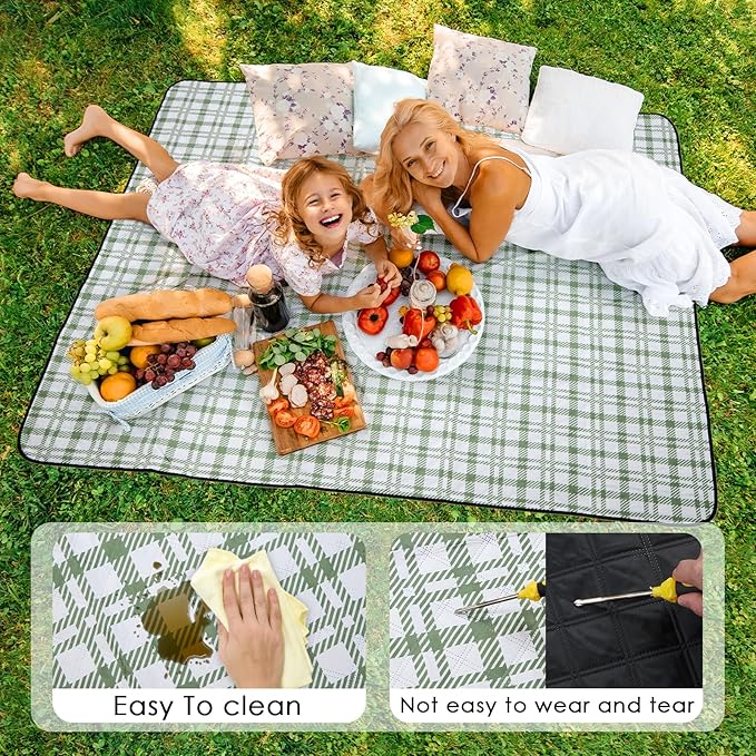 Picnic Blanket 80''x80'' Extra Large Outdoor Blanket, Waterproof, Sandproof, Machine Washable, Tear Resistant, Foldable Picnic Mat for Camping, Grass, Park, Travel, Beach – Green