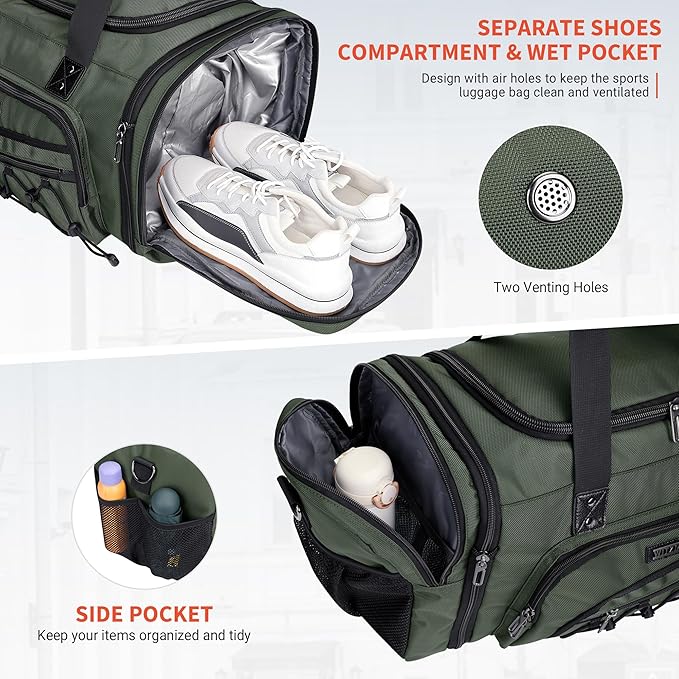 WITZMAN Duffle Bag for Men Nylon Large Gym Weekender Bag with Shoe Compartment Expandable Carry on Overnight Bag(B695 Army Green)