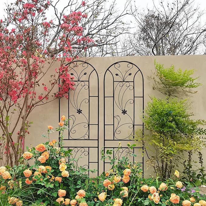 Metal Garden Trellis Rustproof Trellis for Climbing Plants Outdoor Flower Support Peacock Style (Black-4 Pack, 86.7"x19.7")