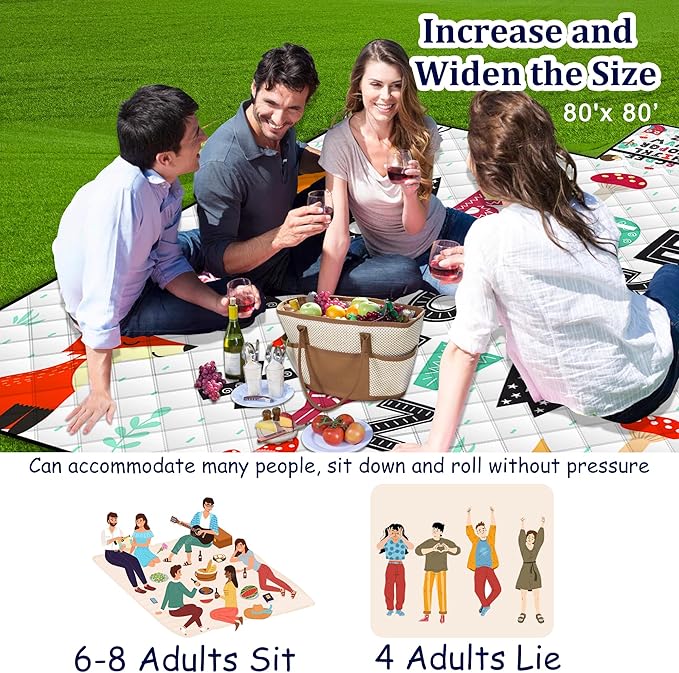 Poedist Extra Large Picnic Blanket Waterproof,80"x 80"Foldable Machine Washable Beach Blanket,Outdoor Blanket for 6-8 Adults,Suitable for Indoor Crawling,Park Beach,Camping,Hiking,Family Travel(ABC)