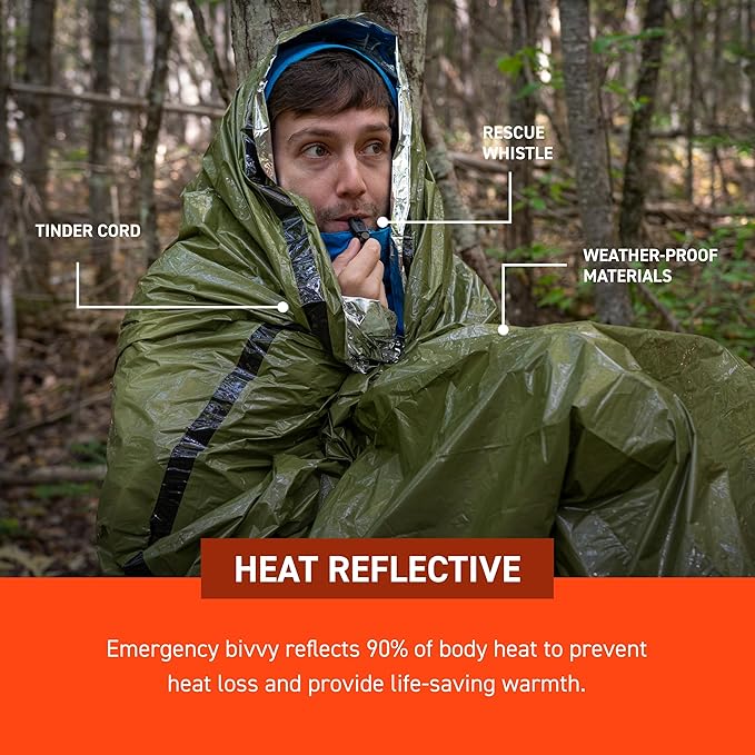 Survive Outdoors Longer 90% Emergency Bivvy - Comes with Survival Whistle & Tinder Paracord Drawstring - Add to Emergency Kit & Hiking Gear - Waterproof, Windproof & Tear-Resistant