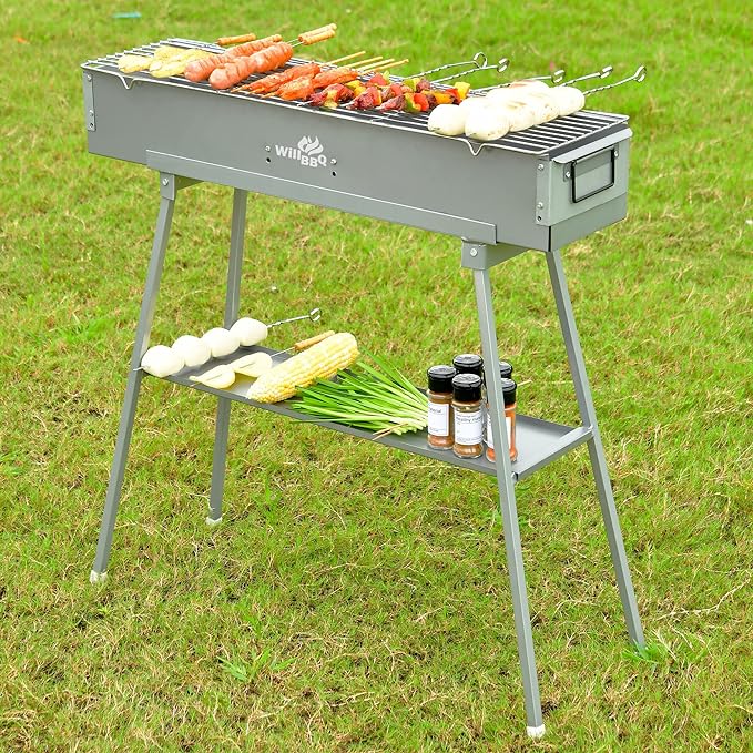 Charcoal Grills Commercial Quality Portable Multiple Size Hibachi BBQ Lamb Skewer Folded Camping Barbecue Grill for Garden Backyard Party Picnic Travel Outdoor Cooking Use(31.6x7.1x5.1 inch)