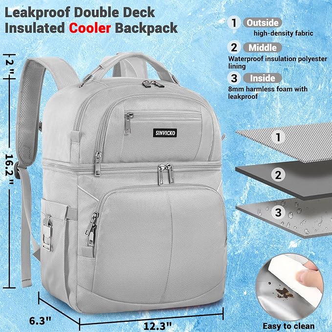 Insulated Cooler Backpack,Double Deck Leakproof Cooler Bag,Insulated Backpack Cooler Lunch Backpack for Men Women