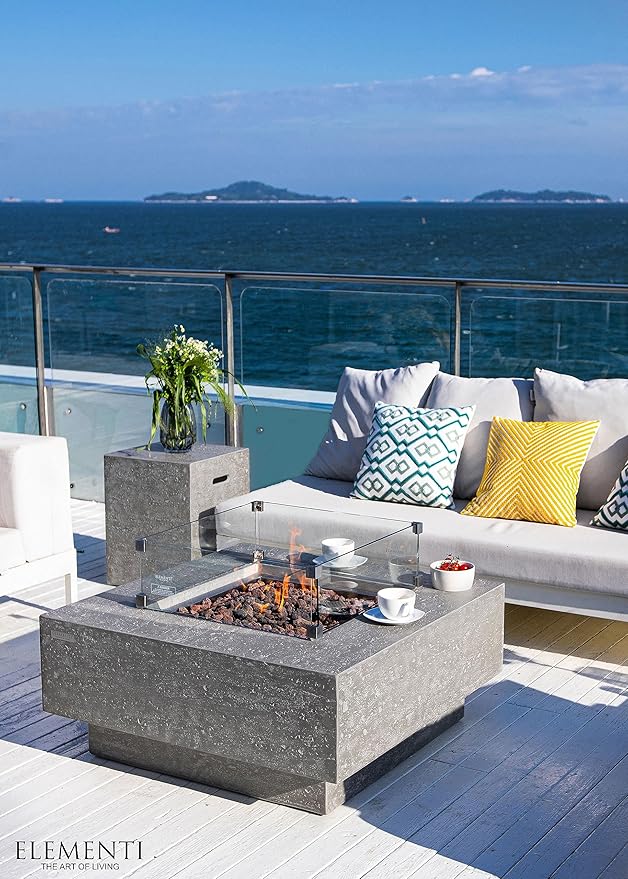 Elementi | Bundle Manhattan Gas Fire Pit Cast Concrete 36" Square Fire Table, Outdoor Fire Pit Electronic Ignition | Canvas Cover, Lava Rock Included | Light Gray (Propane Gas)