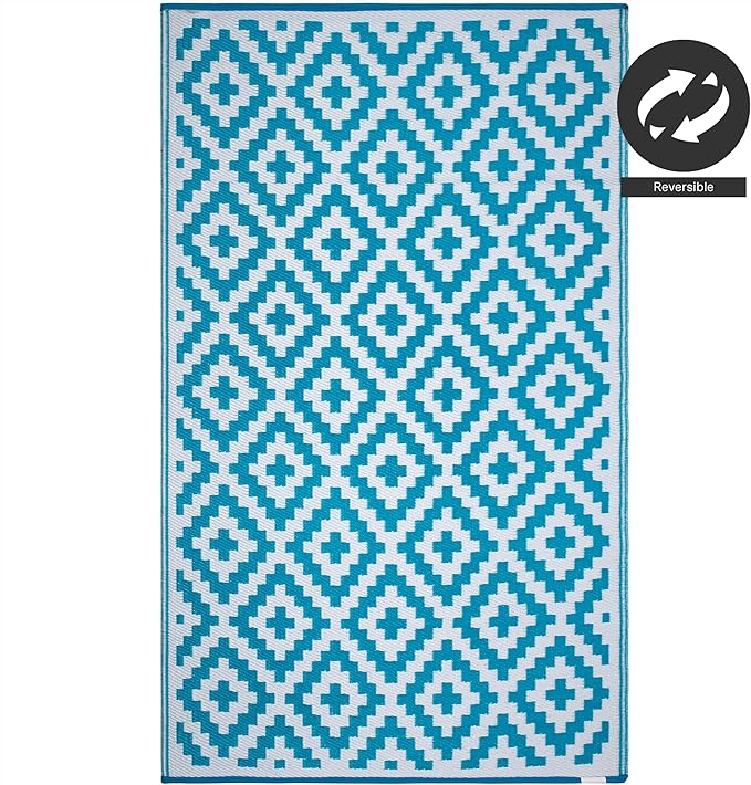 FH Home Outdoor Rug - Waterproof, Fade Resistant, Reversible - Premium Recycled Plastic - Geometric - Patio, Deck, Porch, Balcony, Laundry Room - Aztec - Teal & White Crease Free - 4 x 6 ft