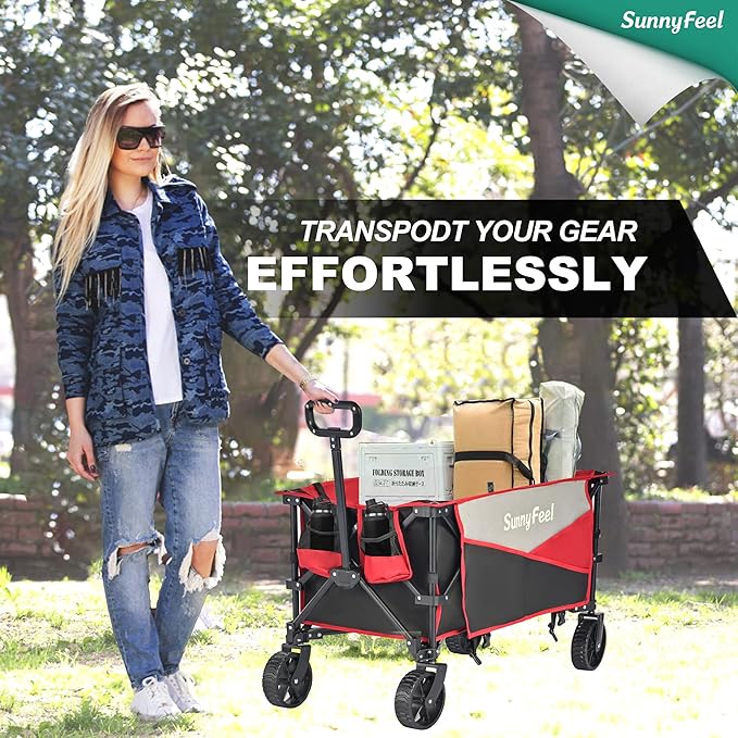 SunnyFeel Heavy Duty Collapsible Outdoor Utility Wagon Cart 400LB Capacity Adjustable Handlebar,Foldable Beach Wheels Stable Durable Oxford Fabric for Shopping Garden Camping (Black & Red)