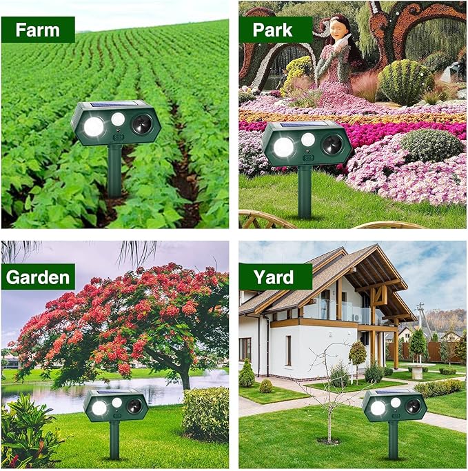 2025 Solar Ultrasonic Animal Repellent Sonic Fortress Pro Deer Repellent Raccoon Repeller Rabbit Squirrel Deterrent with Flash Light Motion Sensor to Keep Dog Cat Fox Skunk Out of Garden Yard(4Pack)