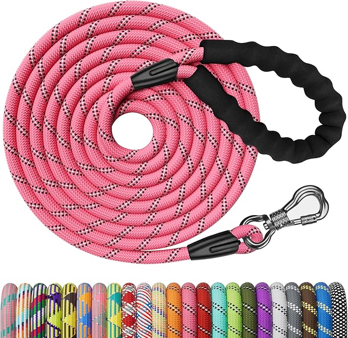 NTR 50FT Long Dog Leash, Rope Dog Leash with Swivel Lockable Hook and Comfortable Padded Handle, Dog Training Leash Lead for Walking, Hunting, Camping, Backyard for Small Medium and Large Dogs, Pink