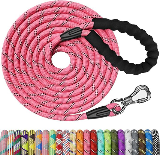 NTR 50FT Long Dog Leash, Rope Dog Leash with Swivel Lockable Hook and Comfortable Padded Handle, Dog Training Leash Lead for Walking, Hunting, Camping, Backyard for Small Medium and Large Dogs, Pink