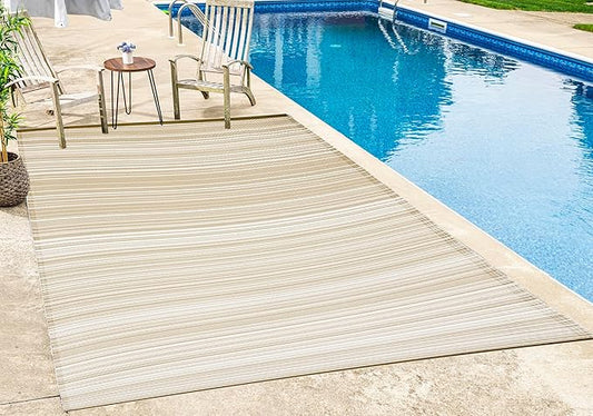 FH Home Outdoor Camping Rug - Waterproof, Fade Resistant, Reversible - Premium Recycled Plastic - Striped - Large Patio, Deck, Sunroom, RV - Havana - Beige - 9 x 18 ft Foldable