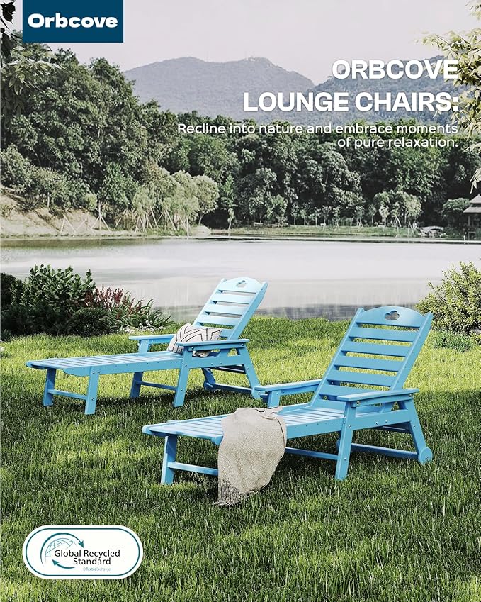 Oversized Chaise Lounge Chair Outdoor with Wheels & Cup Holder, 6-Position Adjustable HDPE Patio Lounge Chair for Poolside, Garden, Deck & Lawn (Light Blue, 2-Piece)