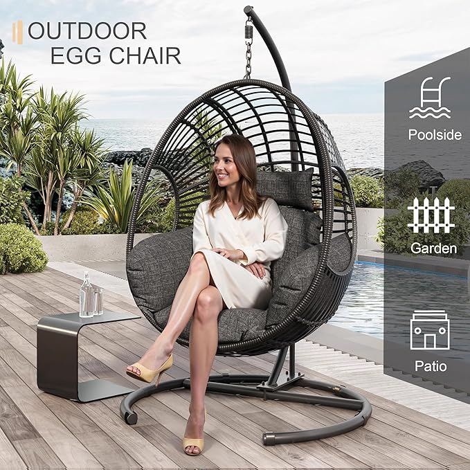 Oversized Hanging Egg Chair Set of 2 Outdoor Indoor, Wicker Swing Egg Chair with Stand 400lbs Capacity for Bedroom, Patio, Garden and Balcony