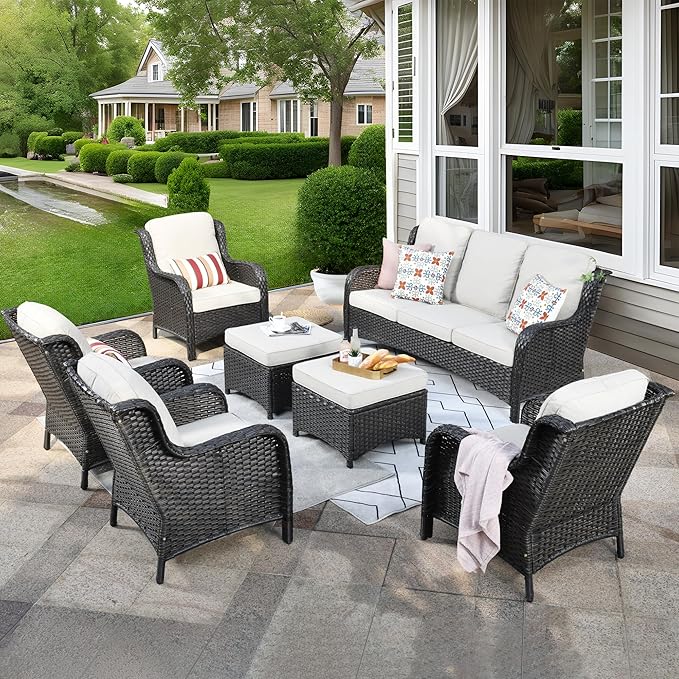 ovios 7 Pieces Patio Furniture Set, Outdoor Wicker Sofas with 4 Chairs, Ottomans and Comfy Cushions, All Weather High Back Couch Set for Deck Porch, Brown Rattan, Beige
