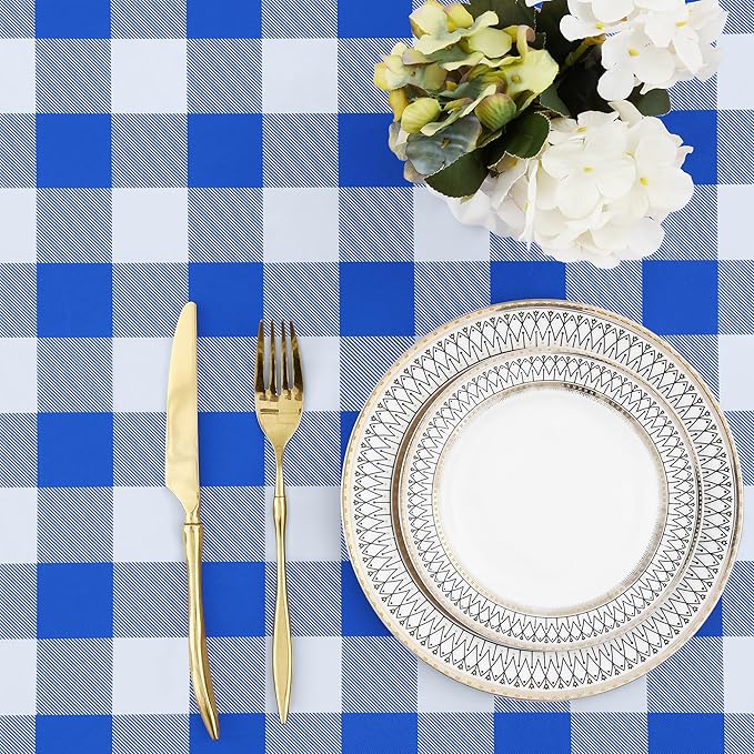 misaya Buffalo Rectangle Picnic Tablecloth, 8 Foot Elastic Fitted Vinyl Table Cloth with Flannel Backing, Waterproof Plaid Table Covers for Dining, Camping, Outdoor (Blue and White, 30" x 96")
