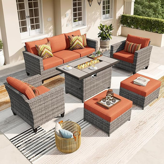 ovios 6 Pieces Patio Furniture Set with 42" Fire Pit Table, Outdoor Wicker Sofa with Comfy Cushions, All Weather High Back Rattan Couch Conversation Set, Orange Red