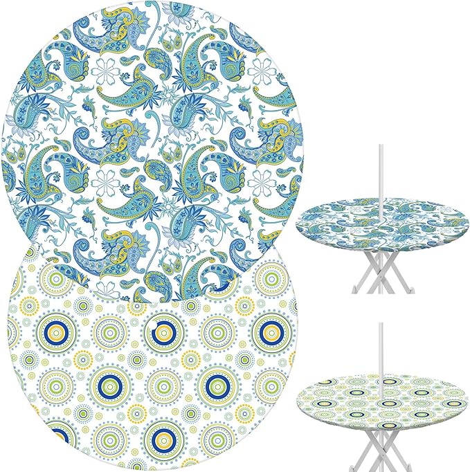 2 Pcs Round Outdoor Tablecloth with Umbrella Hole - Anti-wrinkle Polyester Tablecloth with Elastic Zipper Table Cover for Summer Patio Camping Party(45''-53'',Paisley, Floral Circle)