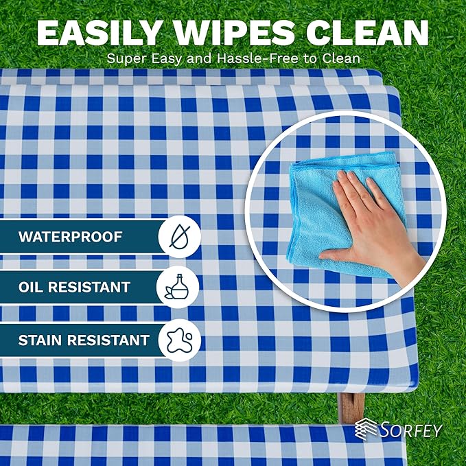 Sorfey Picnic Table Cover with Bench Covers -Fitted with Elastic, Vinyl with Flannel Back, Fits for Table 30"x 96" Rectangle,Water Proof, Checked Black Design