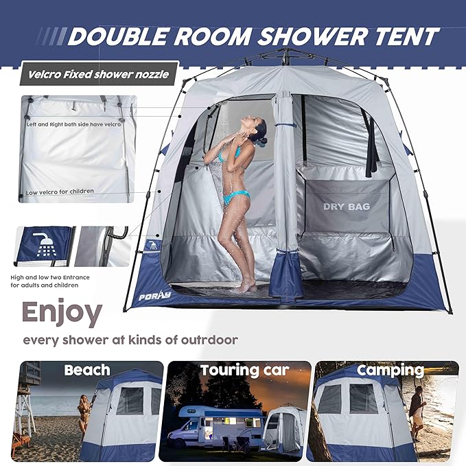 Camping Shower Tent Deluxe Changing Room Easy Set Up Privacy Shelter,Large Toilet Tent with Floor Drain Design for Beach, Camping,Hiking with Stakes and Ropes for Stability