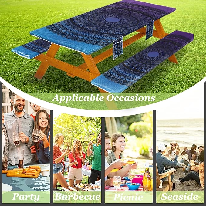 Picnic Table Cover with Bench Covers Vinyl Elastic Edges Fitted Rectangle Seat Tables Waterproof 3-Piece96X30in Set Outdoor Rectangular Folding Backing Tablecloth for Camping Over SizeTie-Dye108