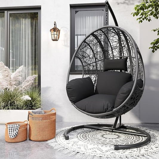 Oversized Hanging Egg Chair Outdoor Indoor, Wicker Swing Egg Chair with Stand 400lbs Capacity for Bedroom, Patio, Garden and Balcony (Grey-nest, Oversize)