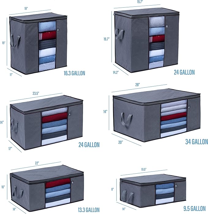 VENO 3 Pack Oversize Clothes Storage Bag Organizer with Reinforced Handle Thick Fabric for Comforters, Blankets, Bedding, Foldable with Sturdy Zipper, Clear Window, Grey, Reusable (34 Gallon)