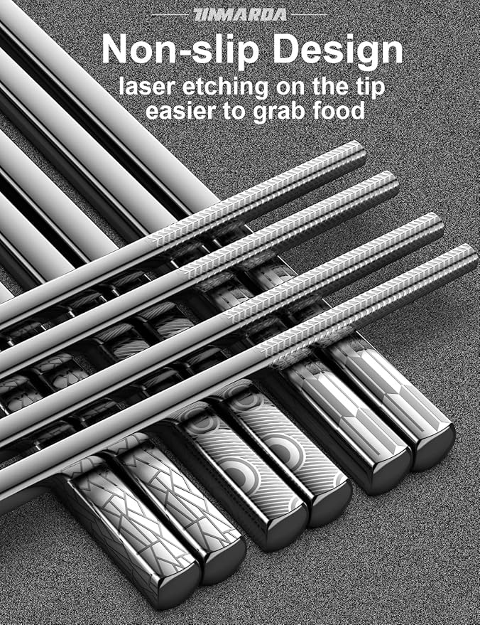 Metal Chopsticks Reusable 18/8 Stainless Steel Chopstick Sleek Engraving Patterns Chop Sticks Reusable Dishwasher Safe Non-Slip Japanese Korean ChopStick 5 Pairs Present Set