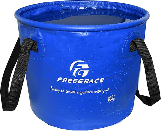 Premium Collapsible Bucket by Freegrace - Compact Portable Folding Water Container - Lightweight & Durable - Includes Handy Tool Mesh Pocket
