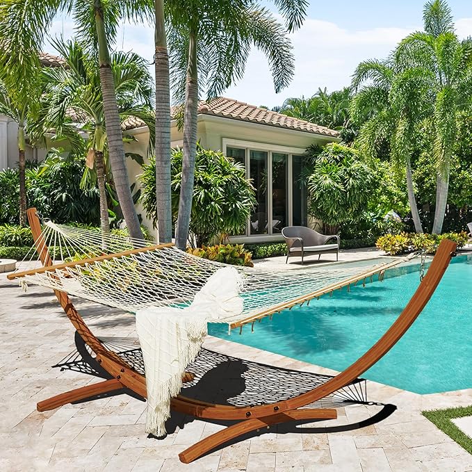 Lazy Daze Hammocks 12 FT Double Rope Hammock and 13 FT Brown Wooden Arc Stand, 2 Person Hand Woven Cotton Hammock with Spreader Bar for Outdoor Patio Poolside, 450 lb Capacity, Natural