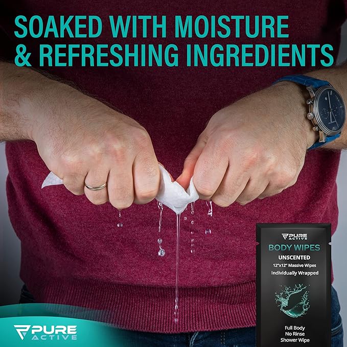 Shower Body Wipes 12"x12", 40 Individually Wrapped Personal Hygiene Body Wipes for Women and Men, Keep Clean After Gym Travel Camping Outdoors Sports, Unscented