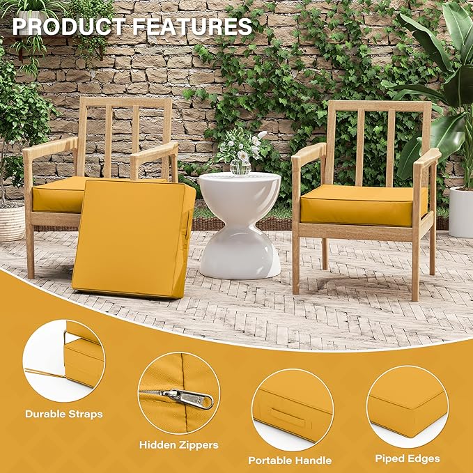 Patio Chair Cushions 19 X 19 X 4 Inch Waterproof Outdoor Seat Cushions for Patio Furniture, Outdoor Sofa Couch Pads with Ties & Handle, Set of 2, Yellow