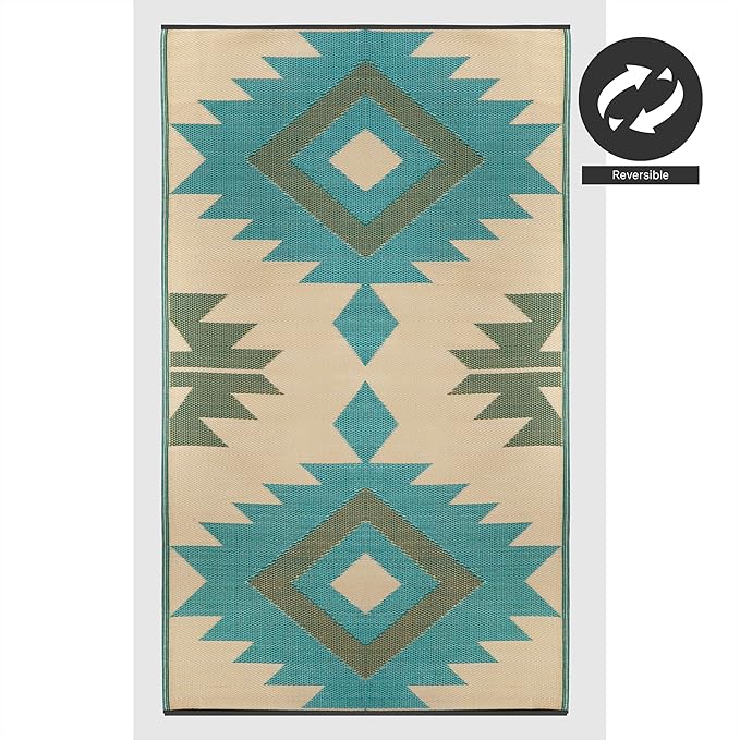 FH Home Outdoor Rug - Waterproof, Fade Resistant, Reversible - Premium Recycled Plastic - Geometric - Patio, Deck, Porch, Balcony - Bursa Kilim - Teal Crease Free - 4 x 6 ft