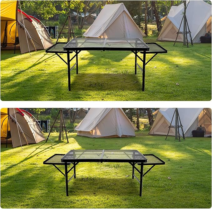 BRIAN & DANY 3x2 FT Camping Table with 2 Wing Panels, Folding Grill Table, Metal Portable Picnic Table, Lightweight Height Adjustable Foldable Table for Outdoor, Black