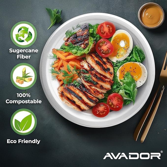 AVADOR® Compostable Tableware 100% Eco-Friendly & Biodegradable Dinnerware Eco-Conscious, Disposable, and 100% Biodegradable (9 inch Round Plates Pack of 125)