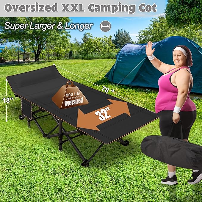 ABORON Oversized XXL Folding Camping Cot W/Mat for Adults, 78" L x 32" W x 18" H, Heavy Duty Outdoor Bed with Carry Bag,1200 D Layer Oxford Travel Camp Cots