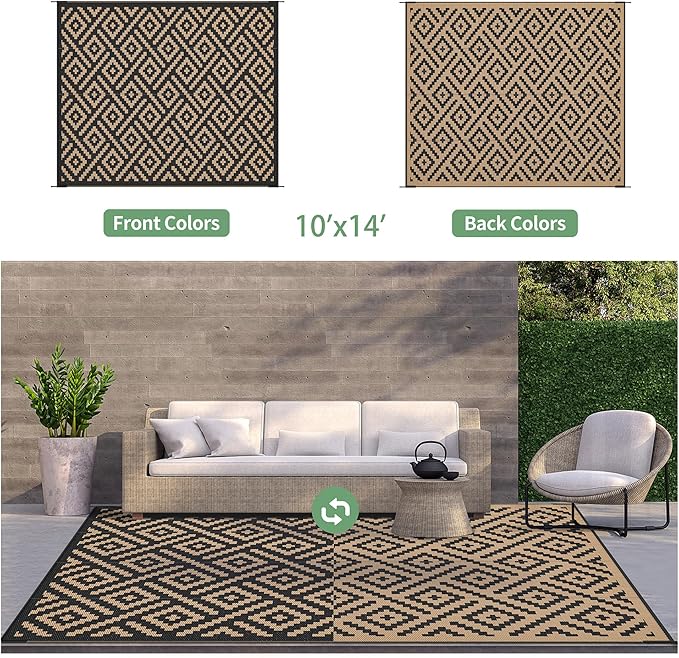 GENIMO Outdoor Rug for Patio Clearance, 10'x14' Waterproof Large Camping Mat, Reversible Plastic Straw Rugs for RV, Camper, Balcony, Backyard, Picnic, Deck (Black & Brown)